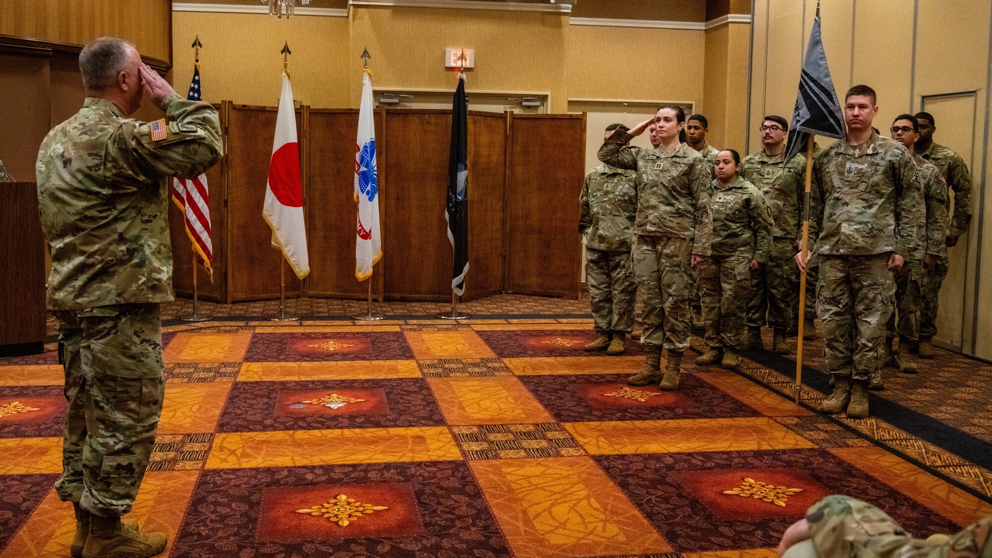 U.S. Space Force Capt. Madison Duke-Bruechert, 5th Space Warning Squadron Detachment 4 commander, assumes the mission from U.S. Army Lt. Col. Jason McCune, 22nd Space Company 1st Space Battalion commander, during an activation and assumption of command ceremony at Misawa Air Base, Japan, Oct. 25, 2023.