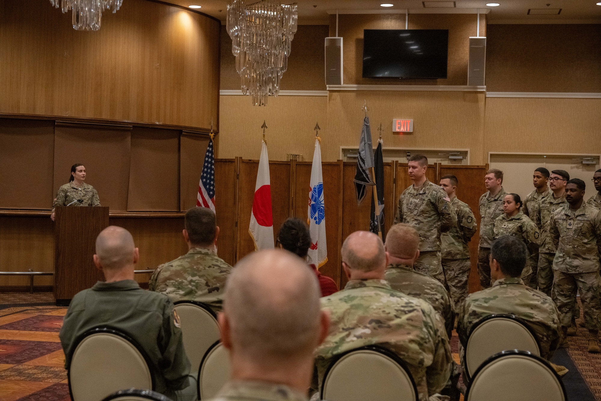 U.S. Space Force Capt. Madison Duke-Bruechert, 5th Space Warning Squadron Detachment 4 commander, gives a speech during an activation and assumption of command ceremony at Misawa Air Base, Japan, Oct. 25, 2023.