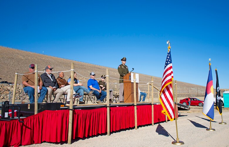 HASTY, Colo., -- Lt. Col. Jerre Hansbrough, commander, USACE-Albuquerque District, speaks about John Martin Dam during the opening ceremonies in celebration of the 75th anniversary of the dam, Oct. 21, 2023.