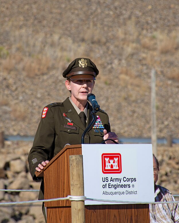 HASTY, Colo., -- Maj. Gen. Kimberly Colloton, deputy commanding general for Military and International Operations, USACE, speaks about John Martin Dam during the opening ceremonies in celebration of the 75th anniversary of the dam, Oct. 21, 2023.