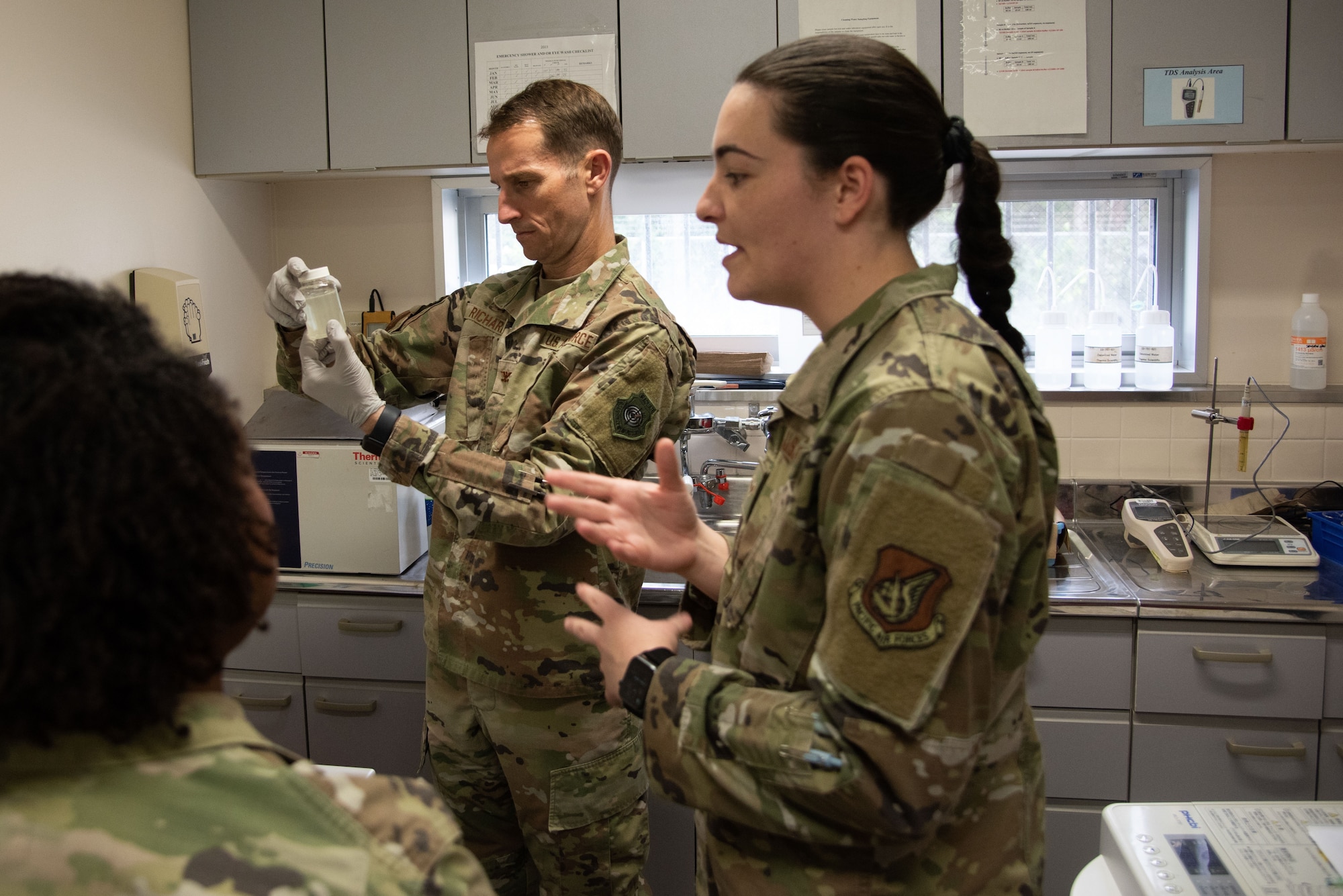 U.S. Air Force Col. Michael Richard, 35th Fighter Wing commander holds a test tube during a Wild Weasel Walk-Through at Misawa Air Base, Japan, Oct. 19, 2023.