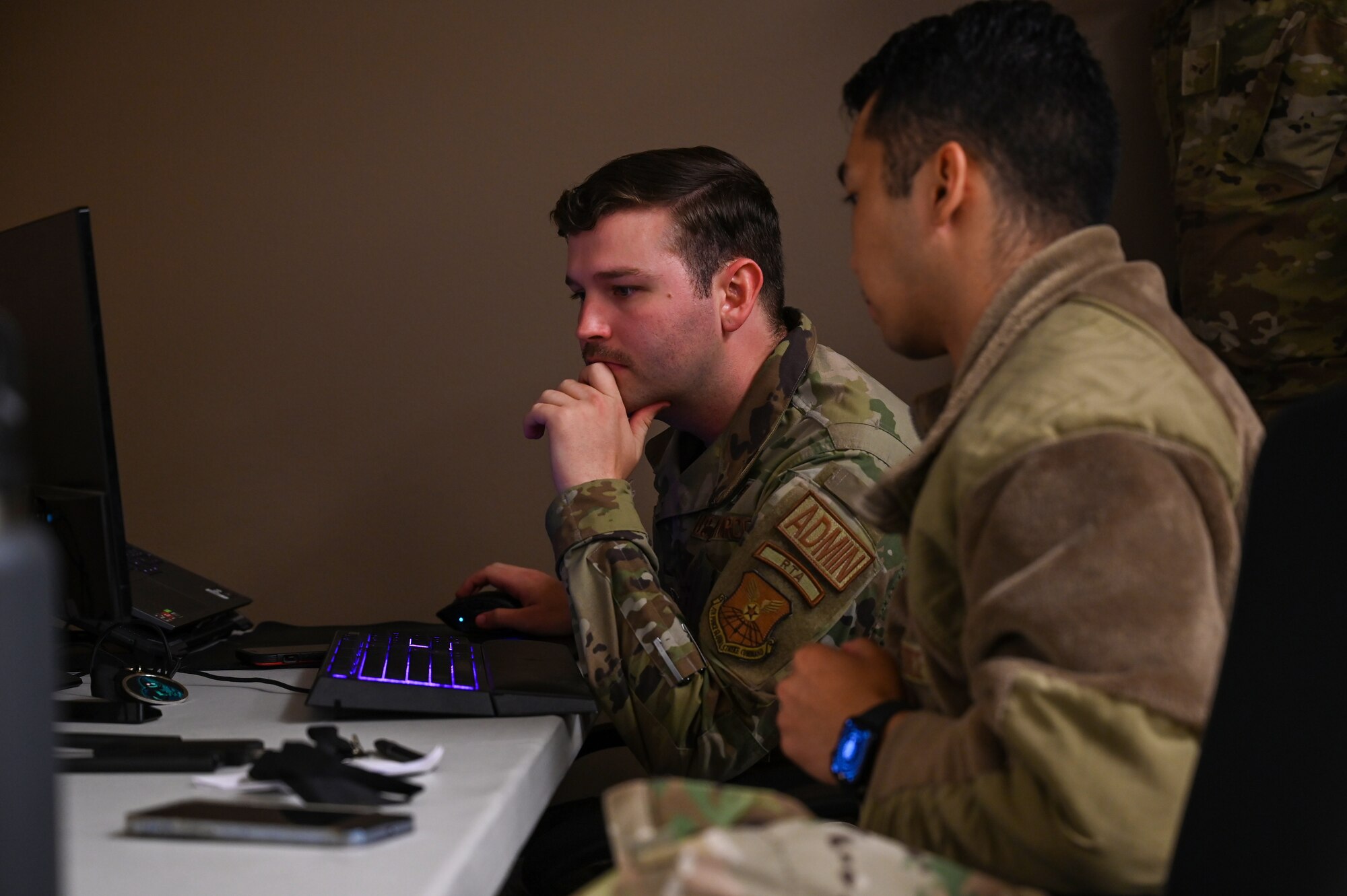 Staff Sgt. Dominic Emerson, 7th Communications Squadron administrative technician, troubleshoots an issue with server access during the Hackathon event on Dyess Air Force Base, Texas, Oct. 26, 2023. Participants set up servers and secured them during the first half of the event, then used various hacking techniques and exploits to break into them. (U.S. Air Force photo by Senior Airman Sophia Robello)