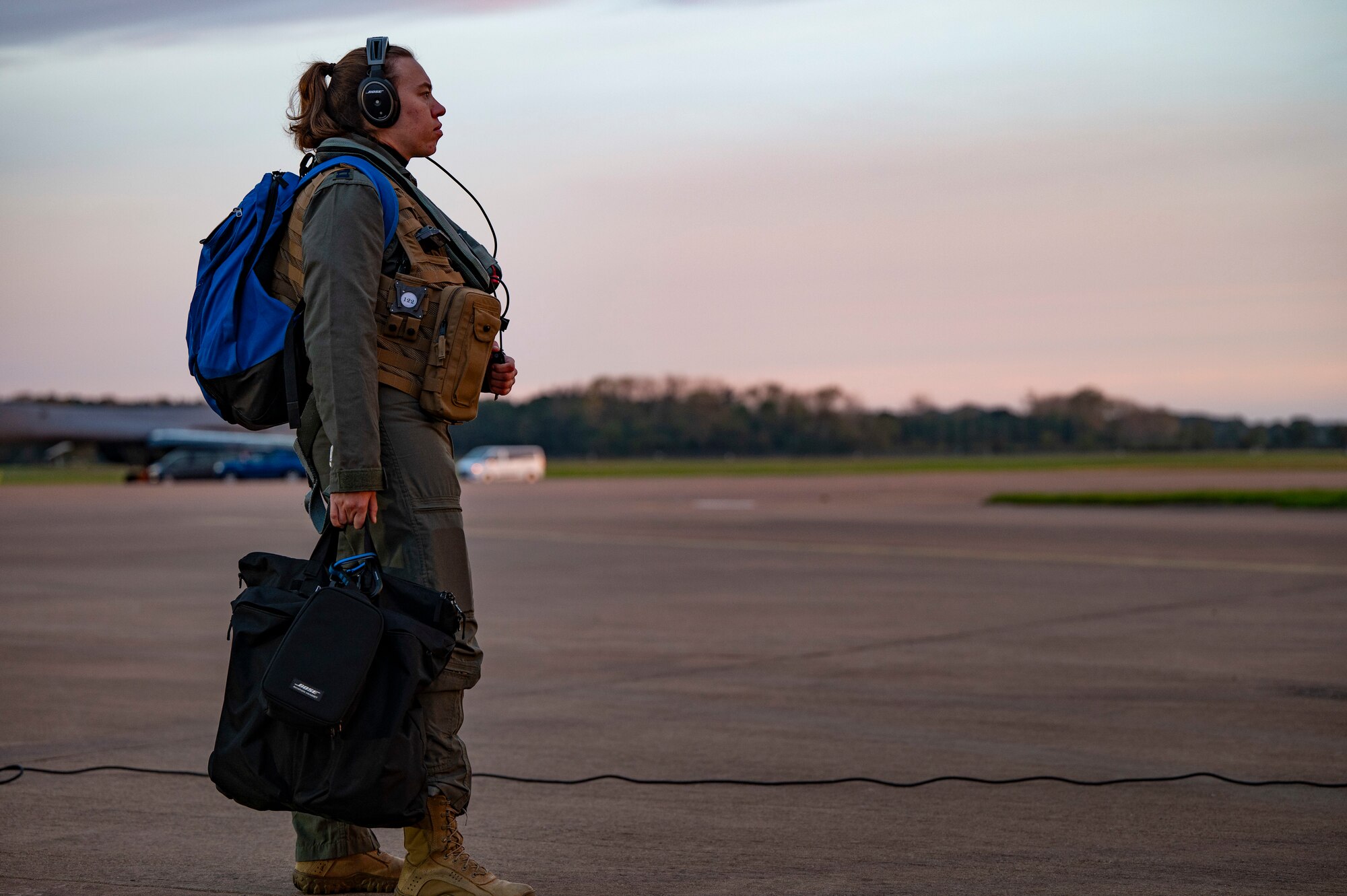 Capt. Simone Durham, 9th Expeditionary Bomb Squadron B-1B Lancer pilot, prepares for a mission flight during Bomber Task Force 24-1 at RAF Fairford, United Kingdom, Oct. 13, 2023. Durham has found a stronger connection to her service in the Air Force through her family legacy during BTF 24-1. (U.S. Air Force photo by Airman 1st Class Emma Anderson)