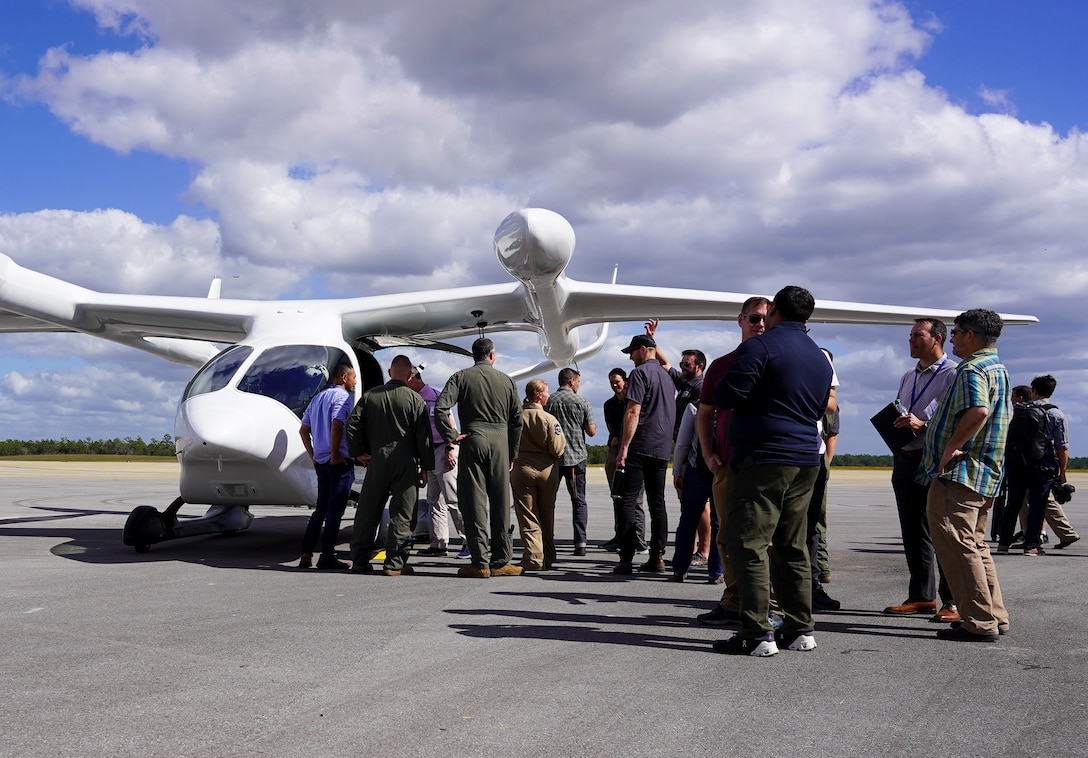 AFWERX Airmen and several local media outlets gathered at Duke Field on Eglin Air Force Base, Florida, to witness the delivery of BETA's ALIA electric aircraft to the Air Force for testing Oct. 26, 2023.