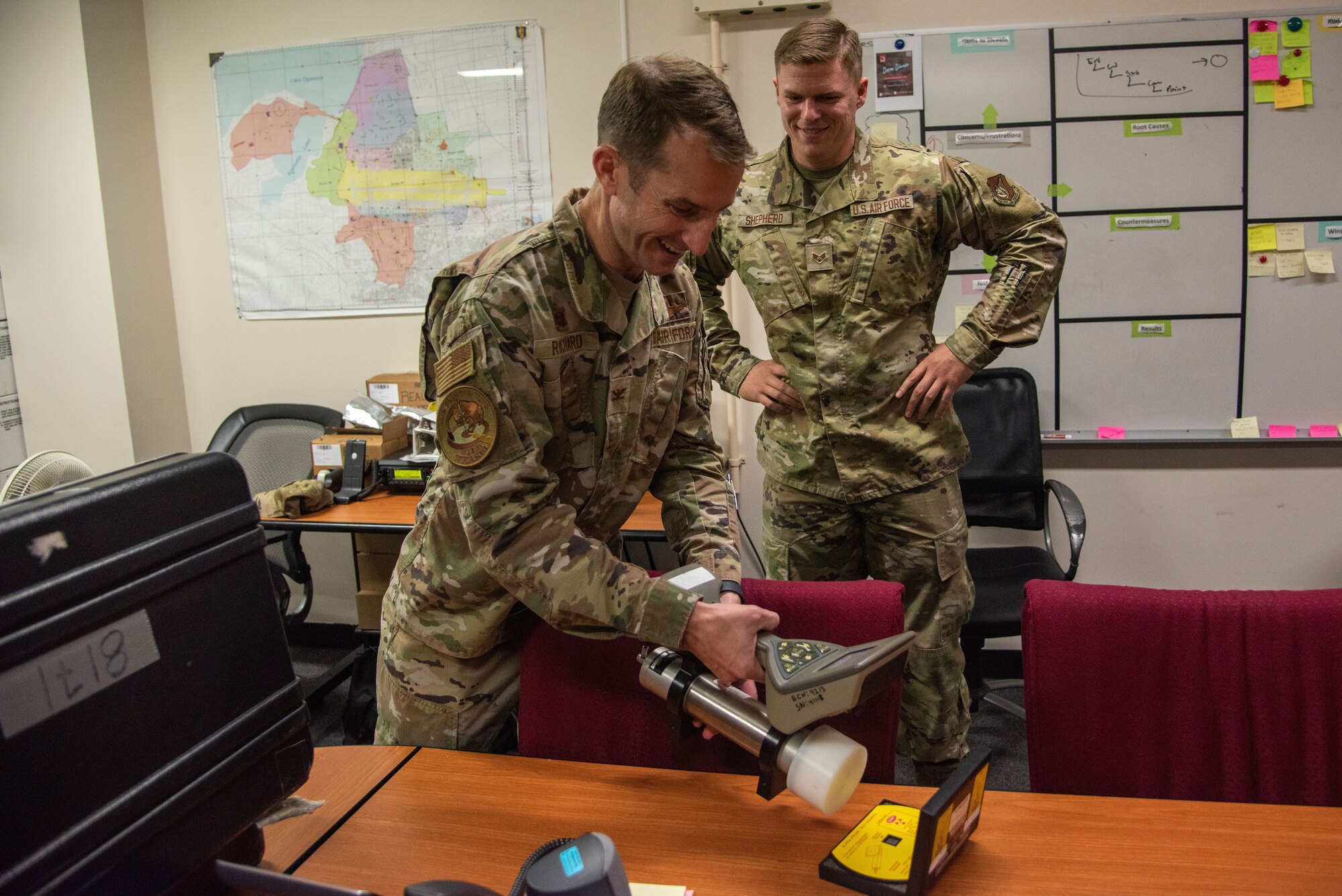 U.S. Air Force Col. Michael Richard, 35th Fighter Wing commander, holds equipment during a Wild Weasel Walk-Through of the 35th Medical Group, bioenvironmental engineering flight at Misawa Air Base, Oct.19, 2023.