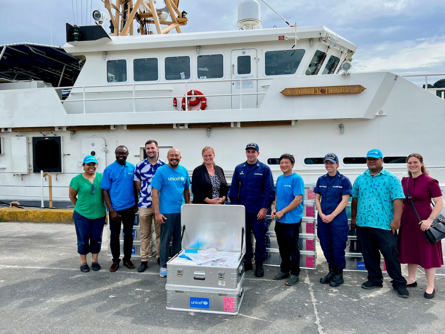 The USCGC Oliver Henry (WPC 1140) crew take on UNICEF supplies, including 39 Schools-in-a-Box, 31 Early Childhood Development, and two Recreation Kits so children can play and learn even during emergencies while in Pohnpei on Sept. 27, 2023. The team returned to homeport on Oct. 15 after a 28-day patrol that reinforced the U.S. commitment to sovereignty and resource security in the Federated States of Micronesia Exclusive Economic Zone (EEZ) and beyond. The mission, which was part of Operation Rematau and the broader U.S. Coast Guard's Operation Blue Pacific, fortifies the U.S. reputation as a reliable, trusted partner in the region. (Photo courtesy Robin Mae Magangat, U.S. Embassy Kolonia/UNICEF)