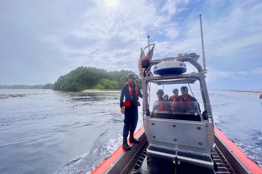 The USCGC Oliver Henry (WPC 1140) crew deliver supplies and the principal to Nukuoro, an atoll in the Federated States of Micronesia, on Sept. 24, 2023. The team returned to homeport on Oct. 15 after a 28-day patrol that reinforced the U.S. commitment to sovereignty and resource security in the Federated States of Micronesia Exclusive Economic Zone (EEZ) and beyond. The mission, which was part of Operation Rematau and the broader U.S. Coast Guard's Operation Blue Pacific, fortifies the U.S. reputation as a reliable, trusted partner in the region. (U.S. Coast Guard photo by Petty Officer 2nd Class Breandan Muldowney)