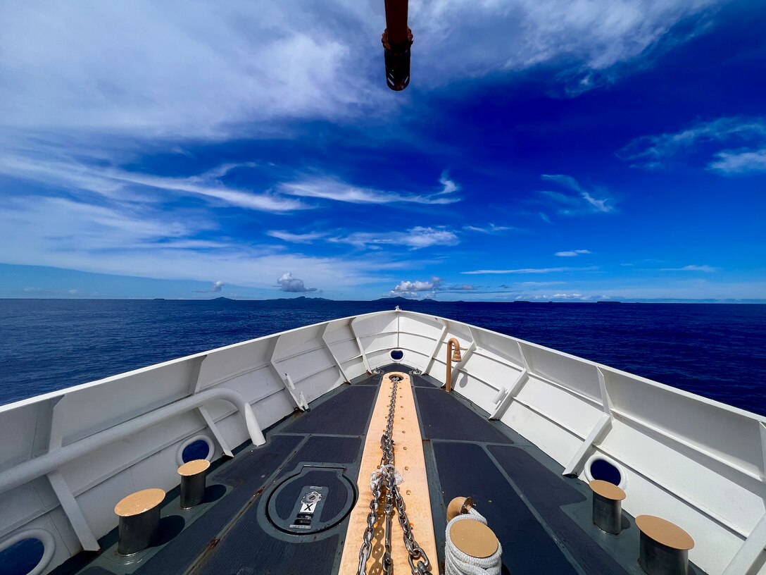The USCGC Oliver Henry (WPC 1140) crew patrol near Weno in the Federated States of Micronesia on Oct. 2, 2023. The team returned to homeport on Oct. 15 after a 28-day patrol that reinforced the U.S. commitment to sovereignty and resource security in the Federated States of Micronesia Exclusive Economic Zone (EEZ) and beyond. The mission, which was part of Operation Rematau and the broader U.S. Coast Guard's Operation Blue Pacific, fortifies the U.S. reputation as a reliable, trusted partner in the region. (U.S. Coast Guard photo by Petty Officer 2nd Class Breandan Muldowney)