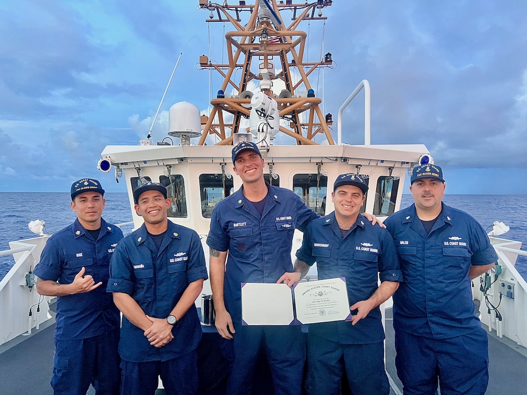 The USCGC Oliver Henry (WPC 1140) crew hold a cutterman ceremony for Petty Officer 2nd Class Max Bartlett while in the Philippine Sea on Oct. 9. 2023. The team returned to homeport on Oct. 15 after a 28-day patrol that reinforced the U.S. commitment to sovereignty and resource security in the Federated States of Micronesia Exclusive Economic Zone (EEZ) and beyond. The mission, which was part of Operation Rematau and the broader U.S. Coast Guard's Operation Blue Pacific, fortifies the U.S. reputation as a reliable, trusted partner in the region. (U.S. Coast Guard photo by Petty Officer 2nd Class Breandan Muldowney)