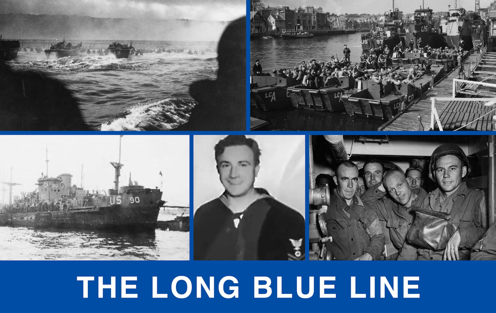 5 photos of various CG members and boats compiled into a graphical representation of the events. Text on the bottom of the photo says "The Long Blue Line"