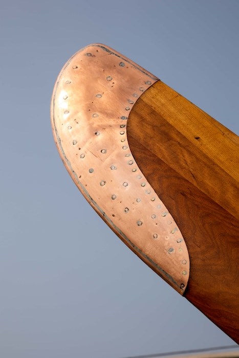 Close up image of the tip of the propeller, highlighting the copper tip and meticulous riveting.