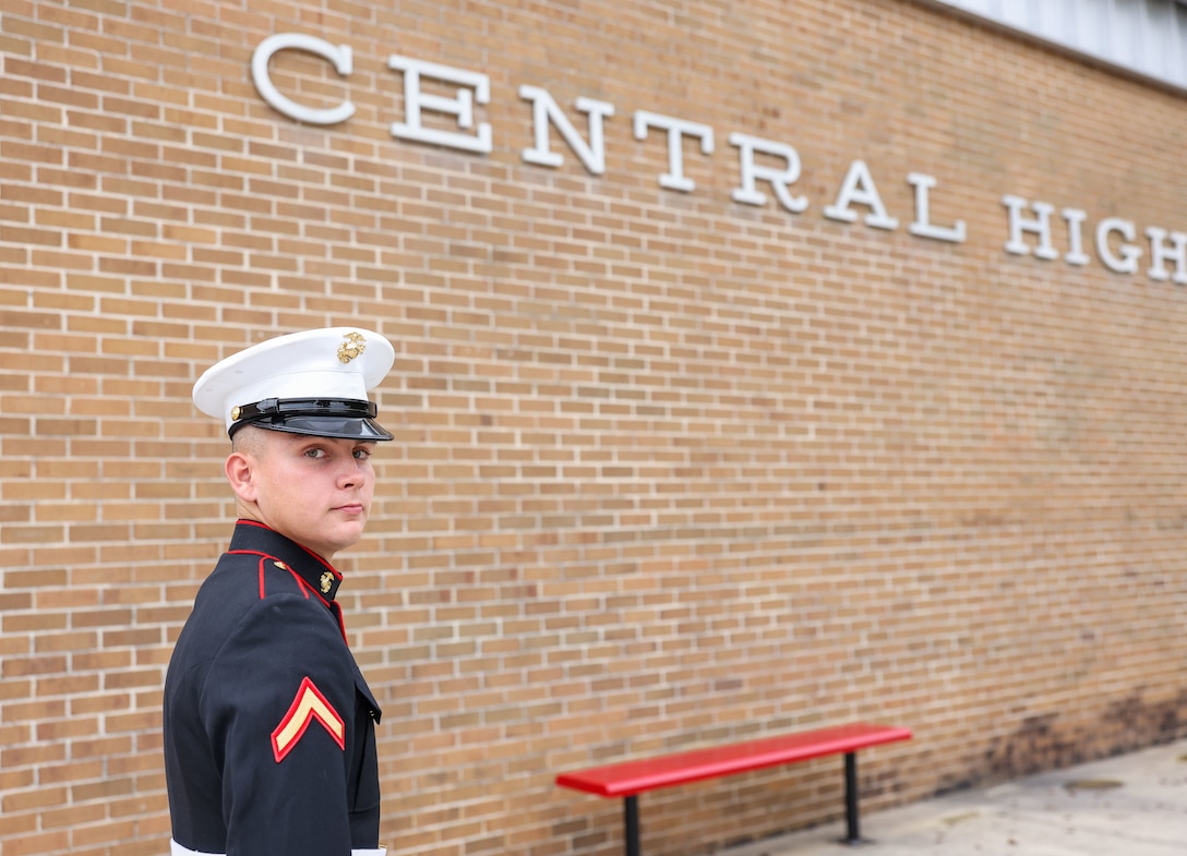 U.S. Marine Corps Pfc. Jarrod Eggleston, a Marine under the command recruiting program at Recruiting Substation Murfreesboro, Recruiting Station Nashville, pays a visit to his former high school at Coffee County Central High School, Manchester, Tennessee, Oct. 19, 2023. This program offers new Marines the opportunity to return to their recruiting station in support of recruiting efforts. (U.S. Marine Corps photo by Cpl. Bernadette Pacheco)