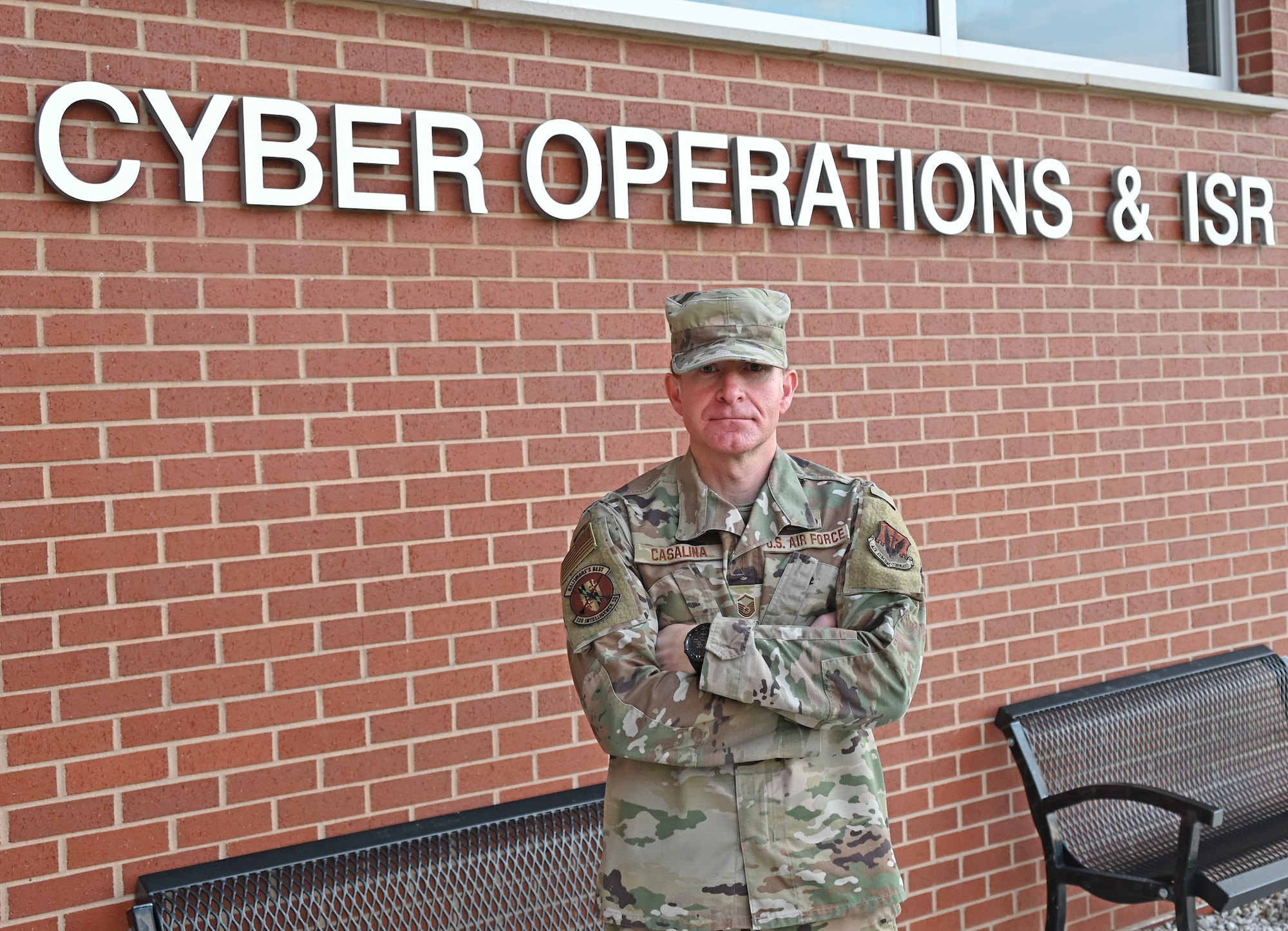 Maryland Air National Guard Master Sgt. Benny Casalina, a network intelligence analyst assigned to the 135th Intelligence Squadron, Maryland Air National Guard, poses for a photograph at Martin State Air National Guard Base, Middle River, Md., October 27, 2023.