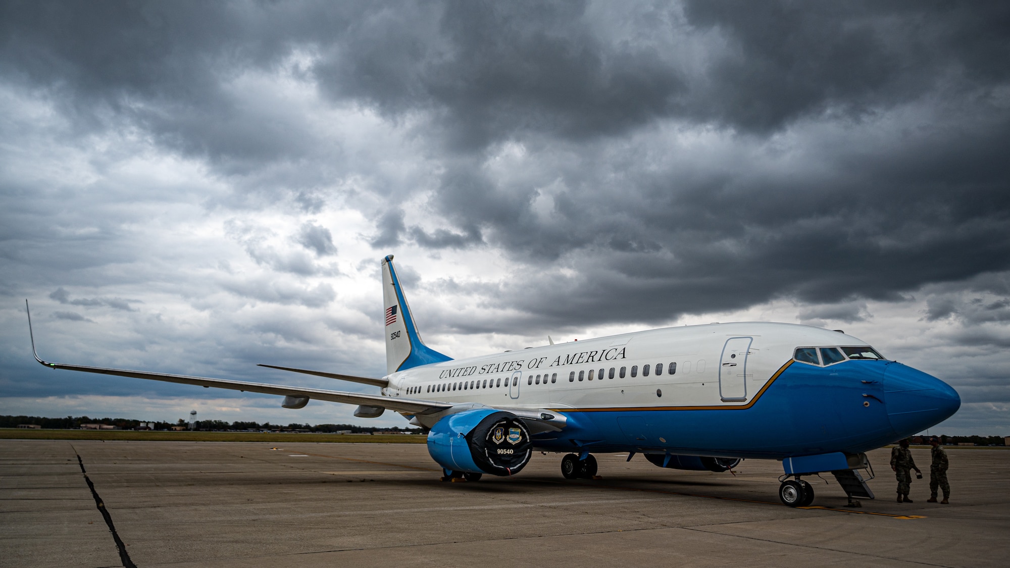 After braving stormy skies, a 932nd Airlift Wing C-40C waits patiently during a thru flight inspection, to be readied for the next mission, Oct. 19, 2023, Scott Air Force Base, Illinois (U.S. Air Force photo by Christopher Parr)