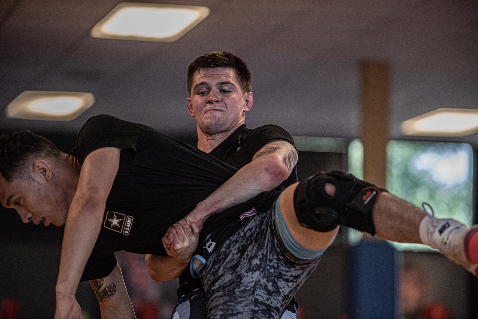 Spc. Dalton Duffield, an Oklahoma Army National Guard Soldier, throws his competitor during a practice wrestling match at Fort Carson, Colorado, Aug. 8, 2023. Duffield is a member of the Oklahoma National Guard and a Greco-Roman wrestler pursuing his Olympic goals through the U.S. Army's World Class Athlete Program.