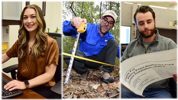 The U.S. Army Corps of Engineers Nashville District recently named a trio of its employees as employees of the month for June, July, and August 2023. (Left to Right) Kelley Philbin, civil engineer and chief of the Water Resources Section in the Hydrology and Hydraulics Branch, is the employee of the month for June 2023. Jake Pierce, civil engineer in the Civil Site and Survey Section, is the employee of the month for July 2023. Ryan Evans, biologist in the Regulatory Division Technical Service Branch, is the employee of the month for August 2023. (USACE Photo by Lee Roberts)