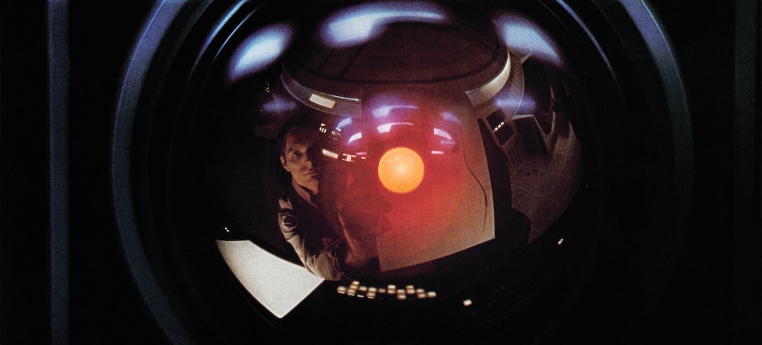 Astronaut Dave Bowman (Keir Dullea), aboard Discovery One spacecraft, interacts with HAL 9000 computer in Stanley Kubrick’s 1968 film 2001: A Space Odyssey