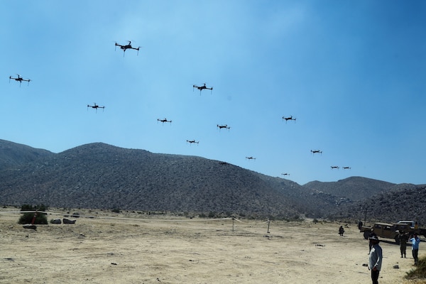 11th Armored Cavalry Regiment and Threat Systems Management Office operate swarm of 40 drones to test rotational units’ capabilities during Battle of Razish, National Training Center, May 8, 2019 (U.S. Army/James Newsome)