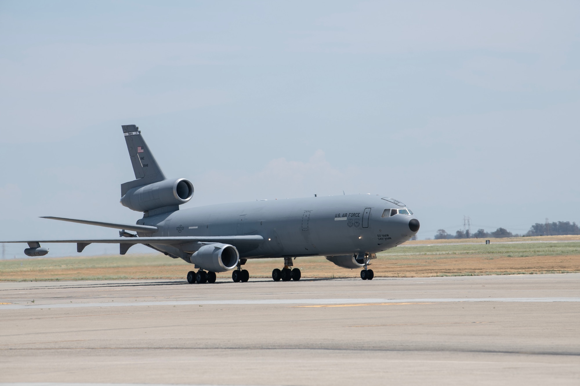 A KC-10 Extender makes a touchdown at Travis Air Force Base, Calif.  (U.S. Air Force photo by Grant Okubo)