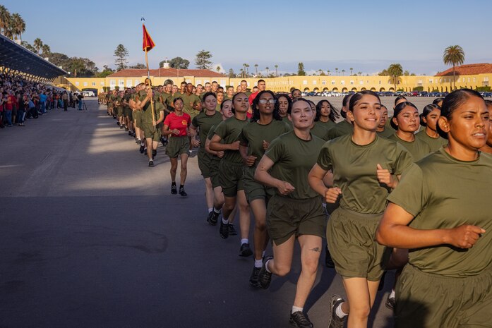 New U.S. Marines with Delta Company, 1st Recruit Training Battalion, participate in a motivational run at Marine Corps Recruit Depot San Diego, Oct. 26, 2023. The motivational run is the final training event the Marines complete before graduating and consists of a three-mile run throughout the Depot. (U.S. Marine Corps photo by Lance Cpl. Jacob B. Hutchinson)