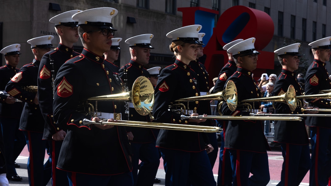U.S. Marines with the 2nd Marine Aircraft Wing (MAW) Band march during the 79th Annual Columbus Day Parade at Manhattan, New York, Oct. 9, 2023. Marines with the 2nd MAW Band performed during the 79th Annual Columbus Day Parade to strengthen community relationships and reaffirm history, customs, and traditions representative of the United States Marine Corps to those in attendance. 2nd MAW is the aviation combat element of II Marine Expeditionary Force. (U.S. Marine Corps photo by Lance Cpl. Orlanys Diaz Figueroa)