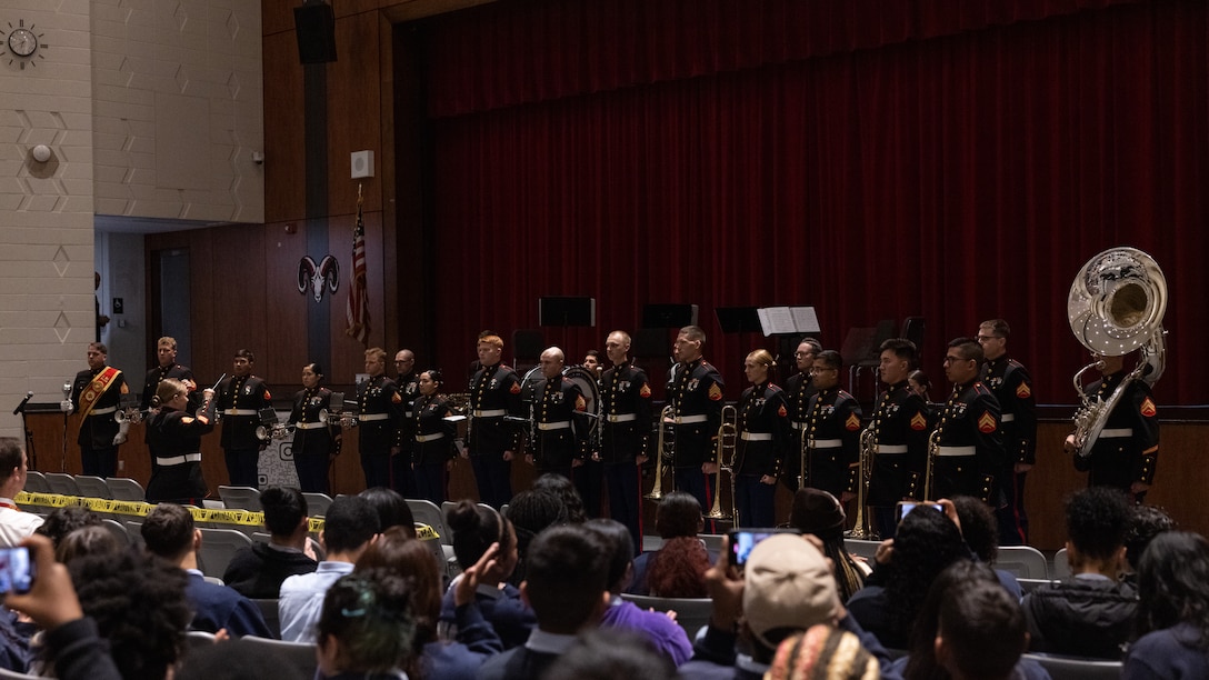 U.S. Marines with the 2nd Marine Aircraft Wing (MAW) Band perform during a concert at Bristol Central High School in Bristol, Connecticut, Oct. 10, 2023. Marines with the 2nd MAW Band performed at Bristol Central High School to build relationships with local communities and to create awareness of the Marine Corps and its mission. 2nd MAW is the aviation combat element of II Marine Expeditionary Force. (U.S. Marine Corps photo by Lance Cpl. Orlanys Diaz Figueroa)