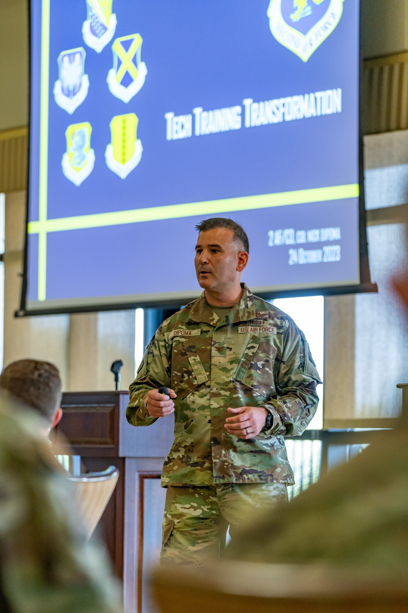 U.S. Air Force Col. Nicholas Dipoma, 2nd Air Force deputy commander, speaks about planning strategically for tech training transformation during Technical Training 101 at Keesler Air Force Base, Oct. 24, 2023.