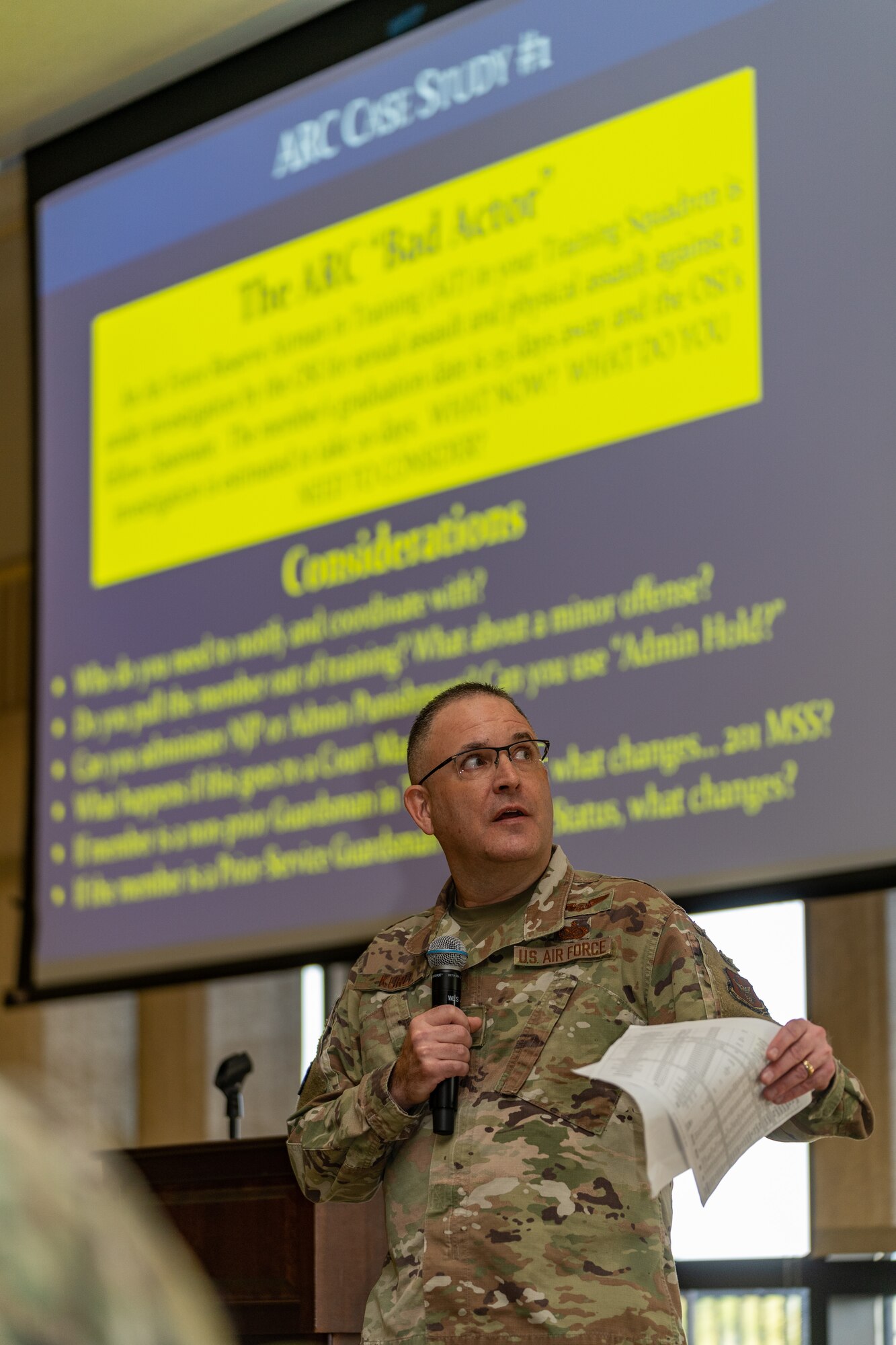 U.S. Air Force Col. David Kurle, Second Air Force reserve advisor, presents a scenario on supervising Airmen in the Air Force Reserve and Air National Guard during Technical Training 101 at Keesler Air Force Base, Oct. 26, 2023.