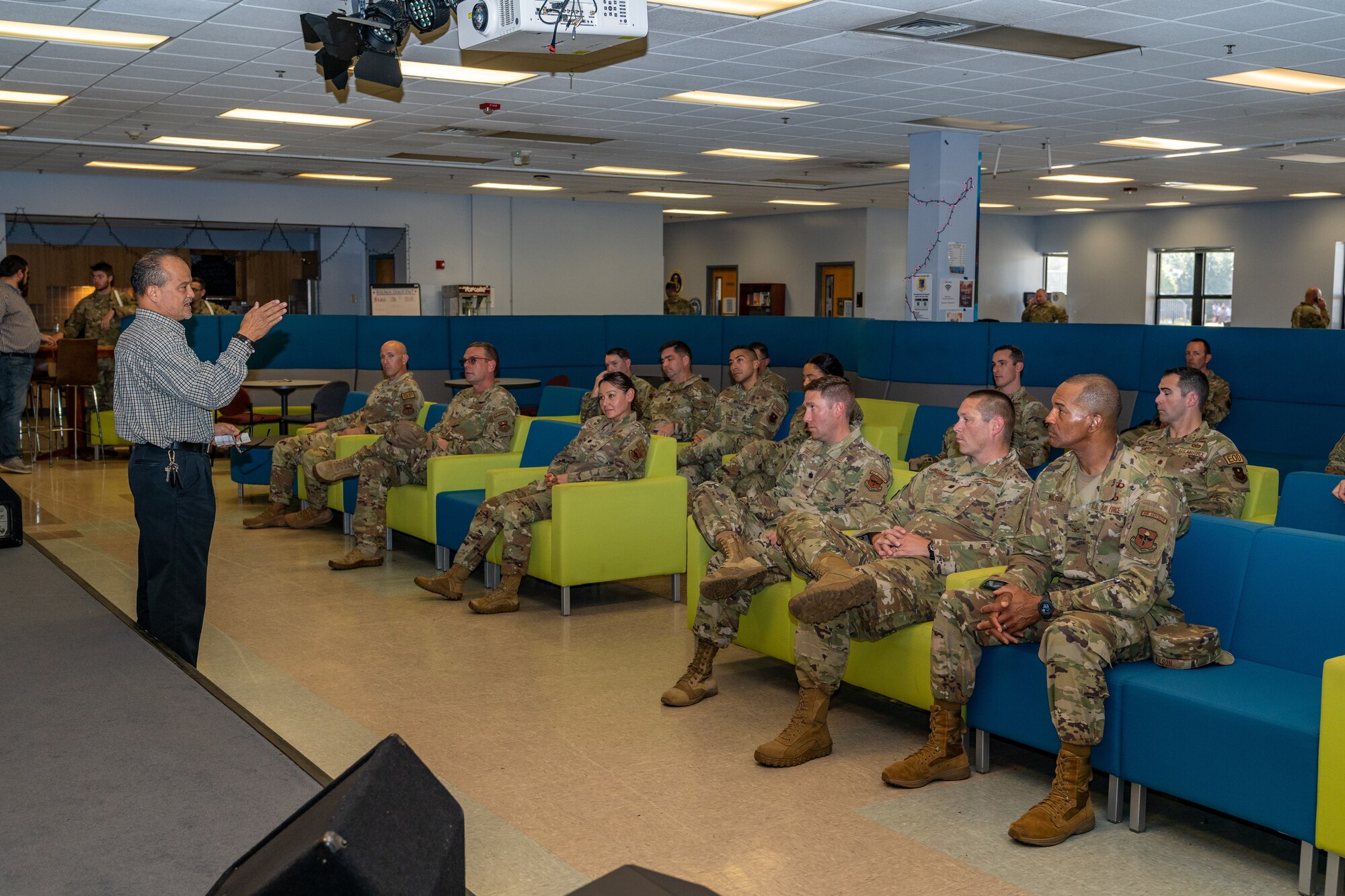 Ernesto Alvendia, 81st Force Support Squadron community readiness specialist, briefs attendees from Technical Training 101 at Keesler Air Force Base, Oct. 27, 2023.