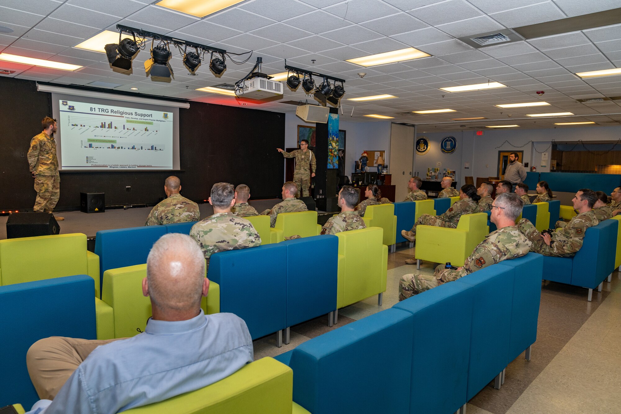 U.S. Air Force Airman 1st Class Michael Menjivar, 338th Training Squadron network systems operations student, and Airman 1st Class Commerce McClure, 338th TRS radio frequency transmission student, brief attendees from Technical Training 101 at Keesler Air Force Base, Oct. 27, 2023.