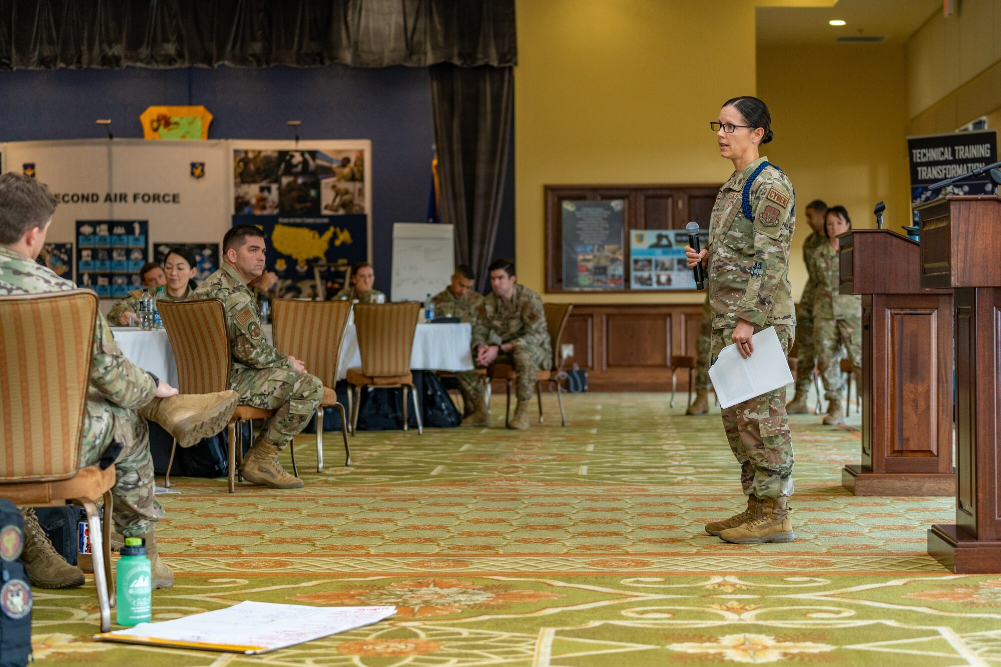 U.S. Air Force Chief Master Sgt. Katherine Smallman, 81st Training Wing technical training liaison superintendent, presents a scenario on supervising Airmen in the Air Force Reserve and Air National Guard during Technical Training 101 at Keesler Air Force Base, Oct. 26, 2023.