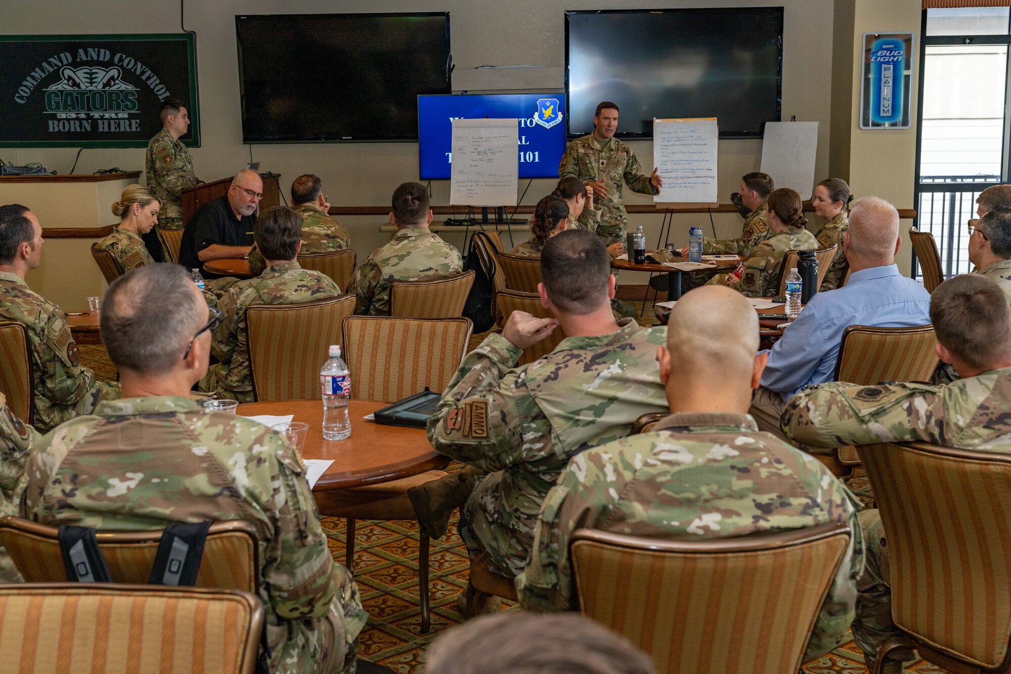 U.S. Air Force Lt. Col. Richard Ball, 315th Training Squadron commander, briefs the attendees of Technical Training 101 at Keesler Air Force Base, Oct. 27, 2023.