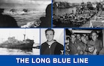 5 photos of various CG members and boats compiled into a graphical representation of the events. Text on the bottom of the photo says "The Long Blue Line"