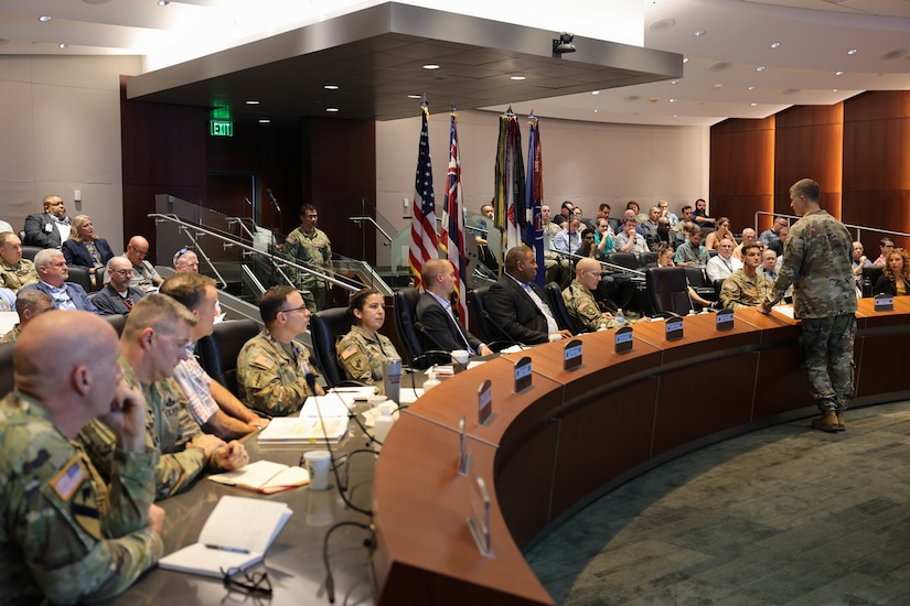 U.S. Army Lt. Gen. James B. Jarrard, U.S. Army Pacific deputy commanding general, provides opening remarks to commence USARPAC’s third annual Artificial Intelligence/Machine Learning Summit in the Frederick C. Weyand Command Center on Fort Shafter, Hawaii, Oct. 25, 2023.