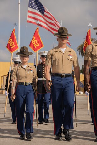 U.S. Marines with Delta Company, 1st Recruit Training Battalion, march in formation during a graduation ceremony at Marine Corps Recruit Depot San Diego, Oct. 27, 2023. Graduation took place at the completion of the 13-week transformation, which included training for drill, marksmanship, basic combat skills, and Marine Corps customs and traditions. (U.S. Marine Corps photo by Lance Cpl. Janell B. Alvarez)
