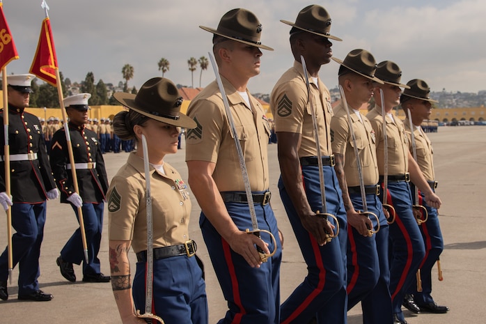 U.S. Marines with Delta Company, 1st Recruit Training Battalion, march in formation during a graduation ceremony at Marine Corps Recruit Depot San Diego, Oct. 27, 2023. Graduation took place at the completion of the 13- week transformation, which included training for drill, marksmanship, basic combat skills, and Marine Corps customs and traditions. (U.S. Marine Corps photo by Lance Cpl. Janell B. Alvarez)