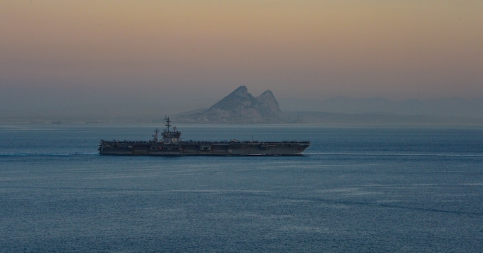 231028-N-UQ924-1270 STRAIT OF GIBRALTAR  (Oct. 28, 2023) The Dwight D. Eisenhower Carrier Strike Group transits the Strait of Gibraltar, Oct. 28, 2023. The Dwight D. Eisenhower Carrier Strike Group is on a scheduled deployment to provide the national command authority flexible, tailorable, warfighting capability to maintain maritime stability and to ensure access, deter aggression and defend U.S., allied and partner interests. (U.S. Navy photo by Mass Communication Specialist 2nd Class Merissa Daley)