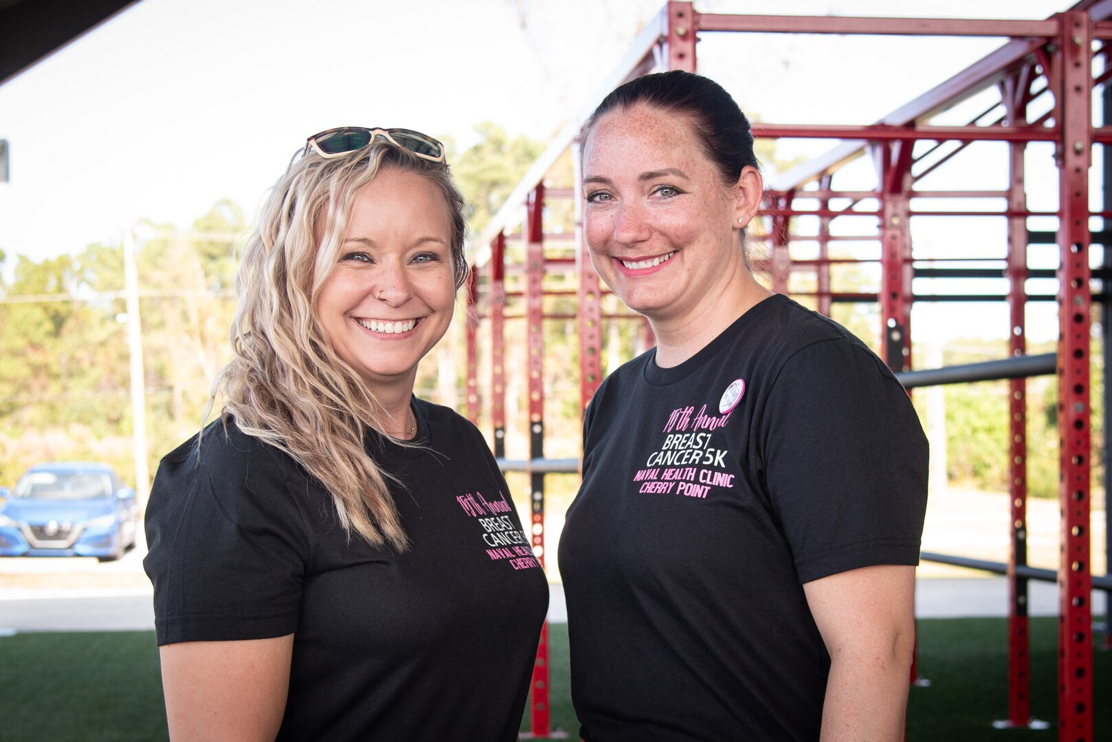 Ms. Emily Corey, RN, CDCES, left and Navy Lt. Amanda Gwyn, right, both staff members aboard Naval Health Clinic Cherry Point, co-organized a five-kilometer run/walk held aboard Marine Corps Air Station Cherry Point on Friday, October 27.  The event celebrated Breast Cancer Awareness Month 2023.