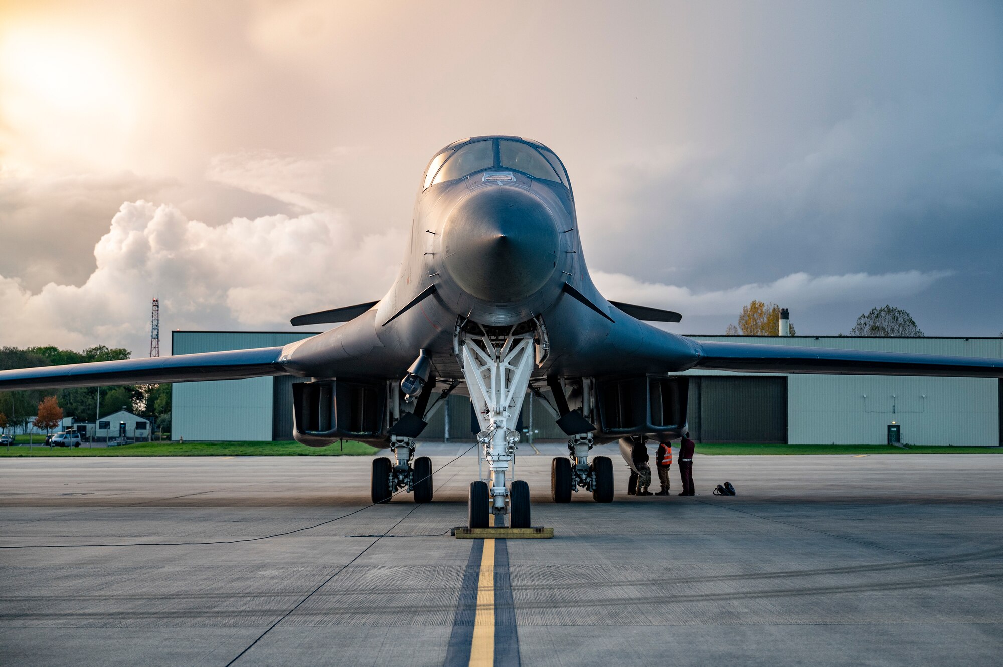 A B-1B Lancer assigned to the 9th Expeditionary Bomb Squadron parks at RAF Fairford, United Kingdom, Oct. 27, 2023. Hot pit refueling capabilities showcase innovation and mission readiness by allowing the aircraft to refuel without stopping their engines. (U.S. Air Force photo by Airman 1st Class Emma Anderson)
