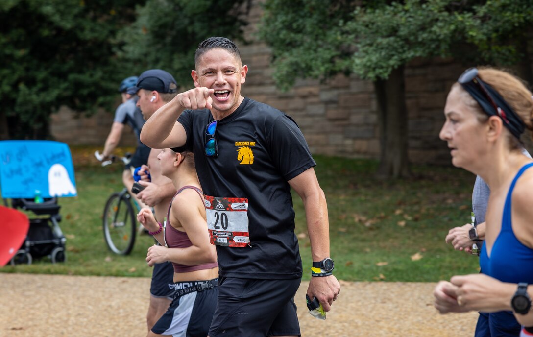 U.S. Marine Corps Sgt. Maj. Carlos A. Ruiz, sergeant major of the Marine Corps, runs through the 48th MCM course in Arlington, Virginia, Oct. 29, 2023. Participants from around the world raced on the monumental MCM course through Washington, D.C., finishing at the Marine Corps War Memorial in Arlington, Virginia. The event was a celebration of every finisher’s honor, courage, and commitment to training for and completing the marathon. (U.S. Marine Corps photo by Lance Cpl. Joaquin Dela Torre)