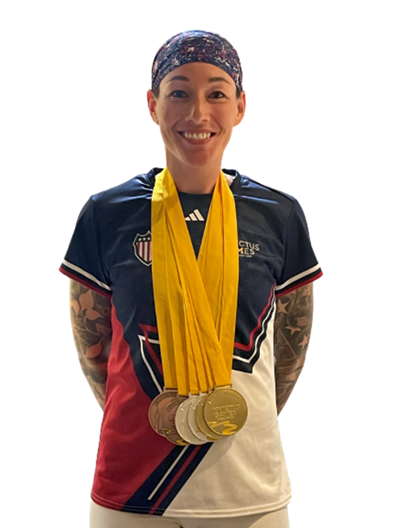 U.S. Air Force Senior Master Sgt. Nicole Favuzza, 70th Operations Support Squadron senior enlisted leader, poses with her medals during the Invictus Games Düsseldorf 2023, Sept. 16, in Germany. The games welcomed around 500 competitors from 21 nations and believes in empowering individuals to reclaim their sense of purpose, identity, and future, transcending the boundaries of their injuries. Favuzza who is battling Adenoid Cystic Carcinoma, a rare and incurable form of cancer, represented Team U.S. and won two gold, silver, and bronze medals each. (Courtesy photo)