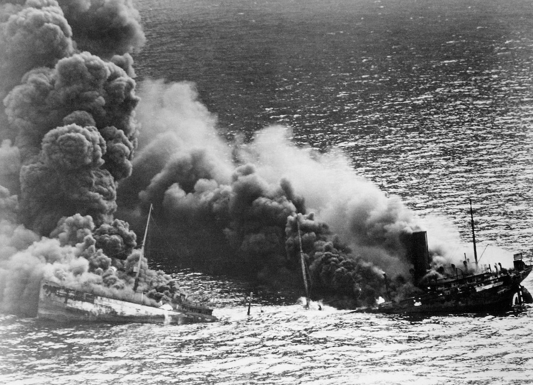 Allied tanker Dixie Arrow, torpedoed in Atlantic Ocean by German U-71, in 1942