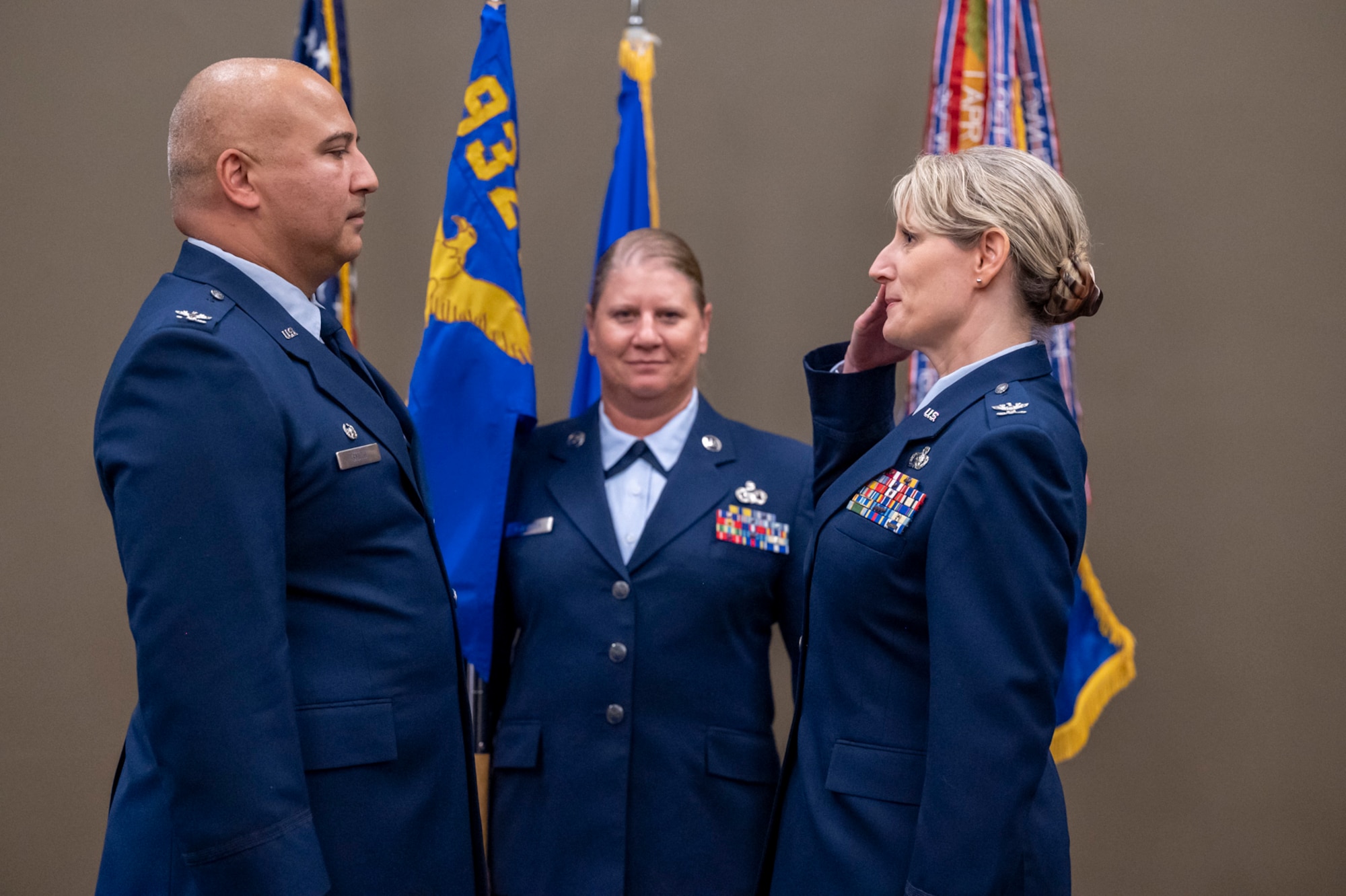 Col. Dori Mansur, 932nd Mission Support Group commander, renders a salute to Col. Jeffrey Smith, 932nd Airlift Wing commander, during Mansur's Assumption of Command ceremony, Oct. 14th, 2023, Scott Air Force Base, Illinois. (U.S. Air Force photo by Senior Airman Jonathan Stefanko)