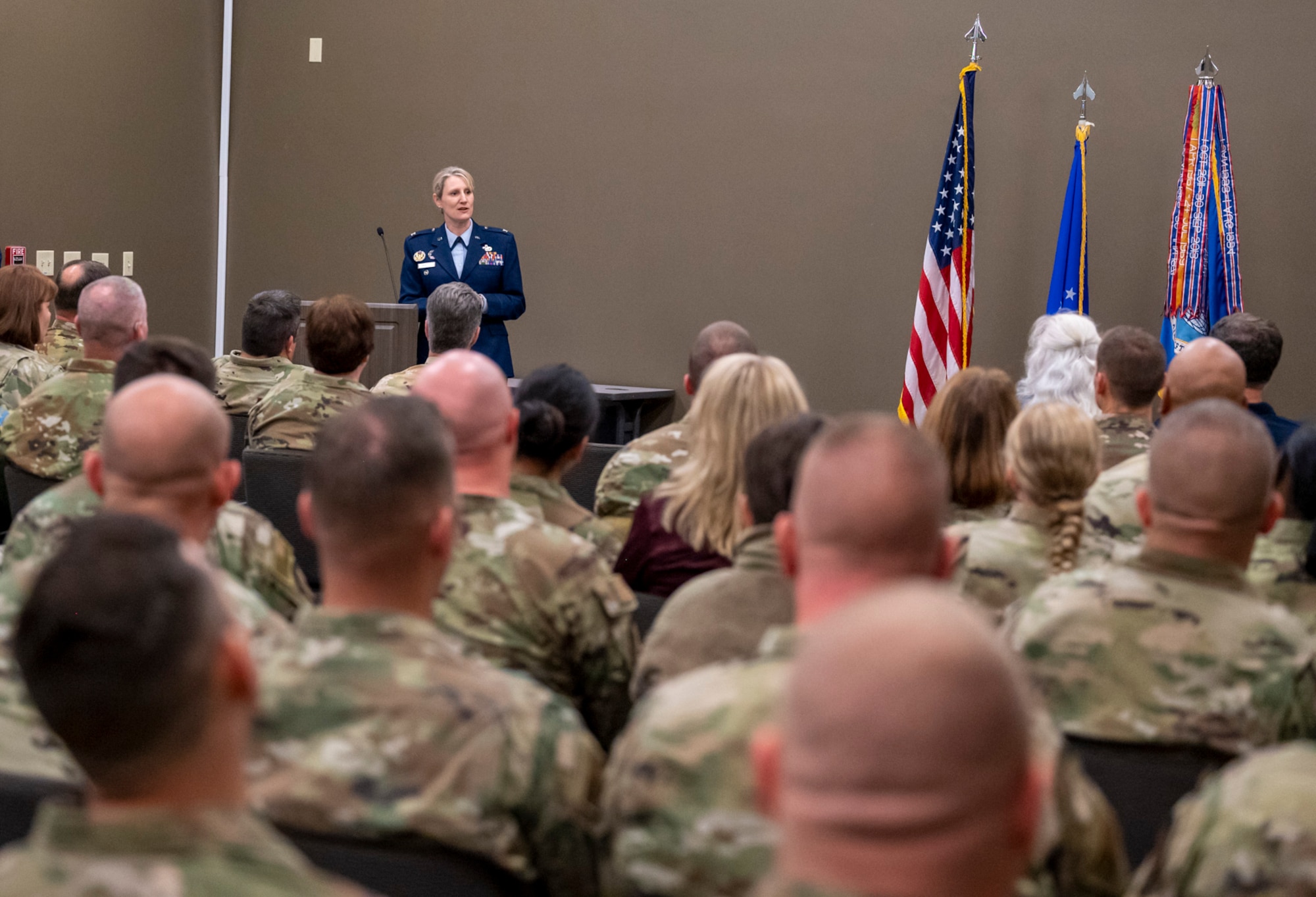 Col. Dori Mansur, 932nd Mission Support Group commander, speaks to the audience during her Assumption of Command ceremony, Oct. 14th, 2023, Scott Air Force Base, Illinois. (U.S. Air Force photo by Senior Airman Jonathan Stefanko)