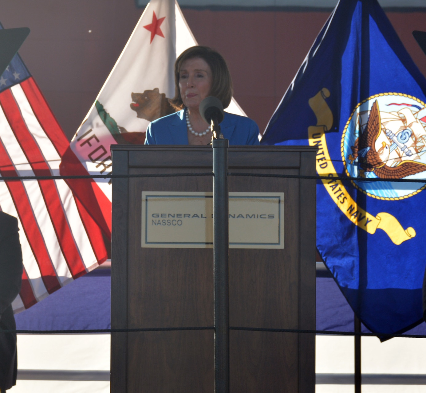 Nancy Pelosi, Speaker of the House Emerita, U.S. House of Representatives, addresses the audience during the christening ceremony of MSC's newest ship, USNS Robert F. Kennedy (T-AO 208) at the General Dynamics NASSCO shipyard in San Diego, Calif.