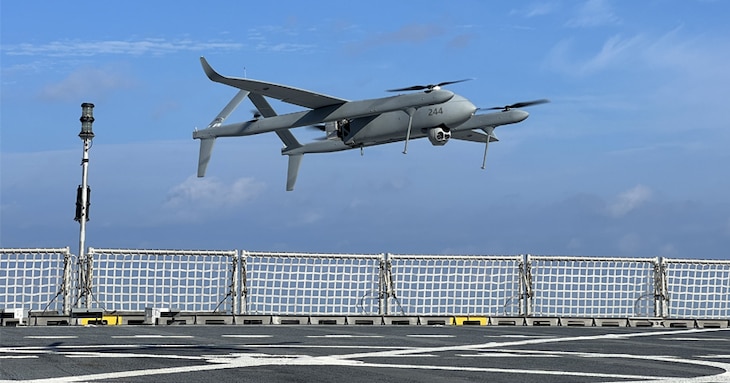 An Aerosonde unmanned aircraft system launches from the flight deck of Spearhead-class expeditionary fast transport ship USNS Burlington.