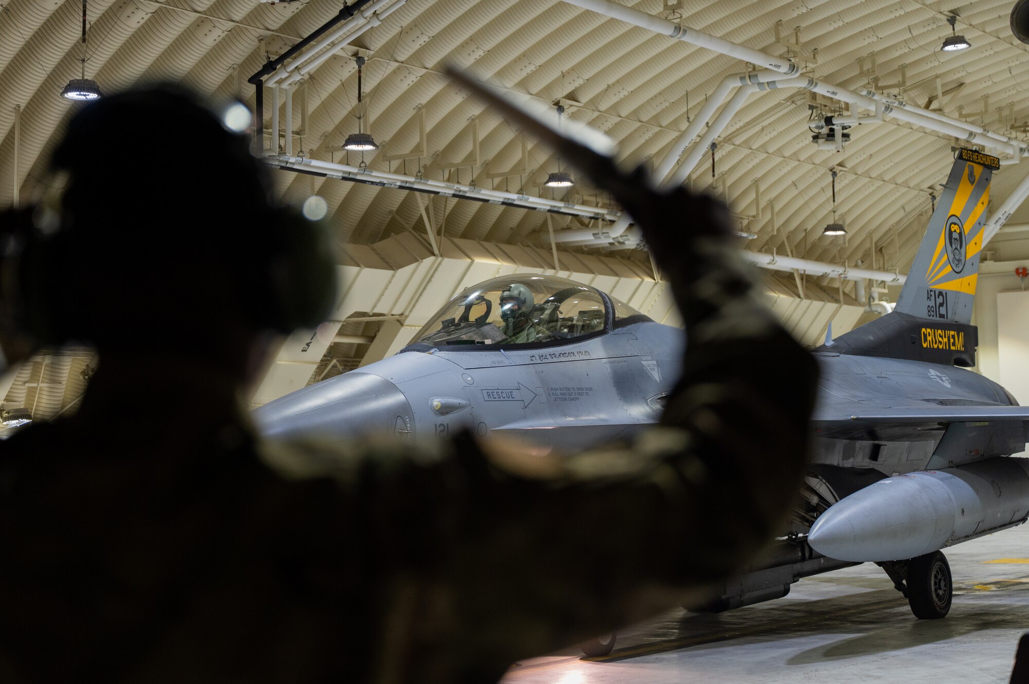 Capt. Patrick Oshea, 35th Fighter Squadron F-16 Fighting Falcon pilot, taxis after completing pre-flight checks during Vigilant Defense.