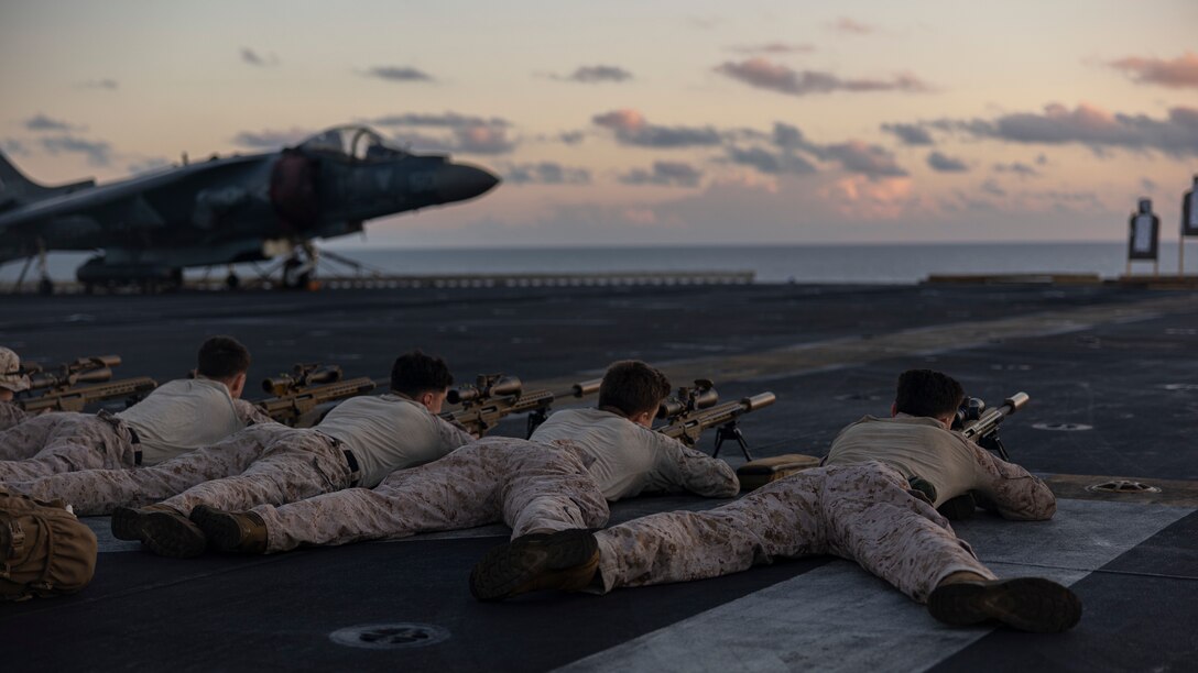GULF OF ADEN (Oct. 18, 2023) Marines assigned to the 26th Marine Expeditionary Unit (Special Operations Capable) (26MEU(SOC)), Maritime Special Purpose Force conduct sniper sustainment training aboard the amphibious assault ship USS Bataan (LHD 5) in the Gulf of Aden, Oct. 18. Components of the Bataan Amphibious Ready Group and 26MEU(SOC) are deployed to the U.S. 5th Fleet area of operations to help ensure maritime security and stability in the Middle East region. (U.S. Marine Corps photo by Sgt. Matthew Romonoyske-Bean)