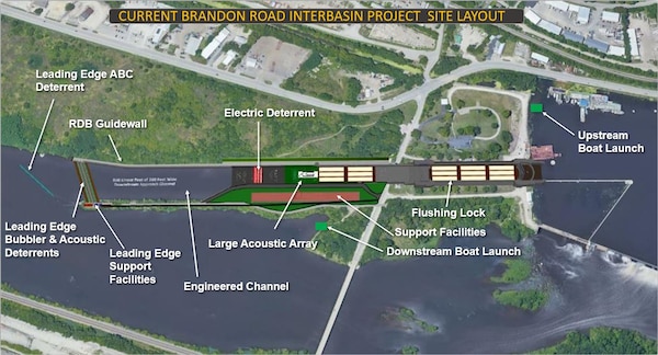 The current Brandon Road Interbasin Project site layout as of October 2023.