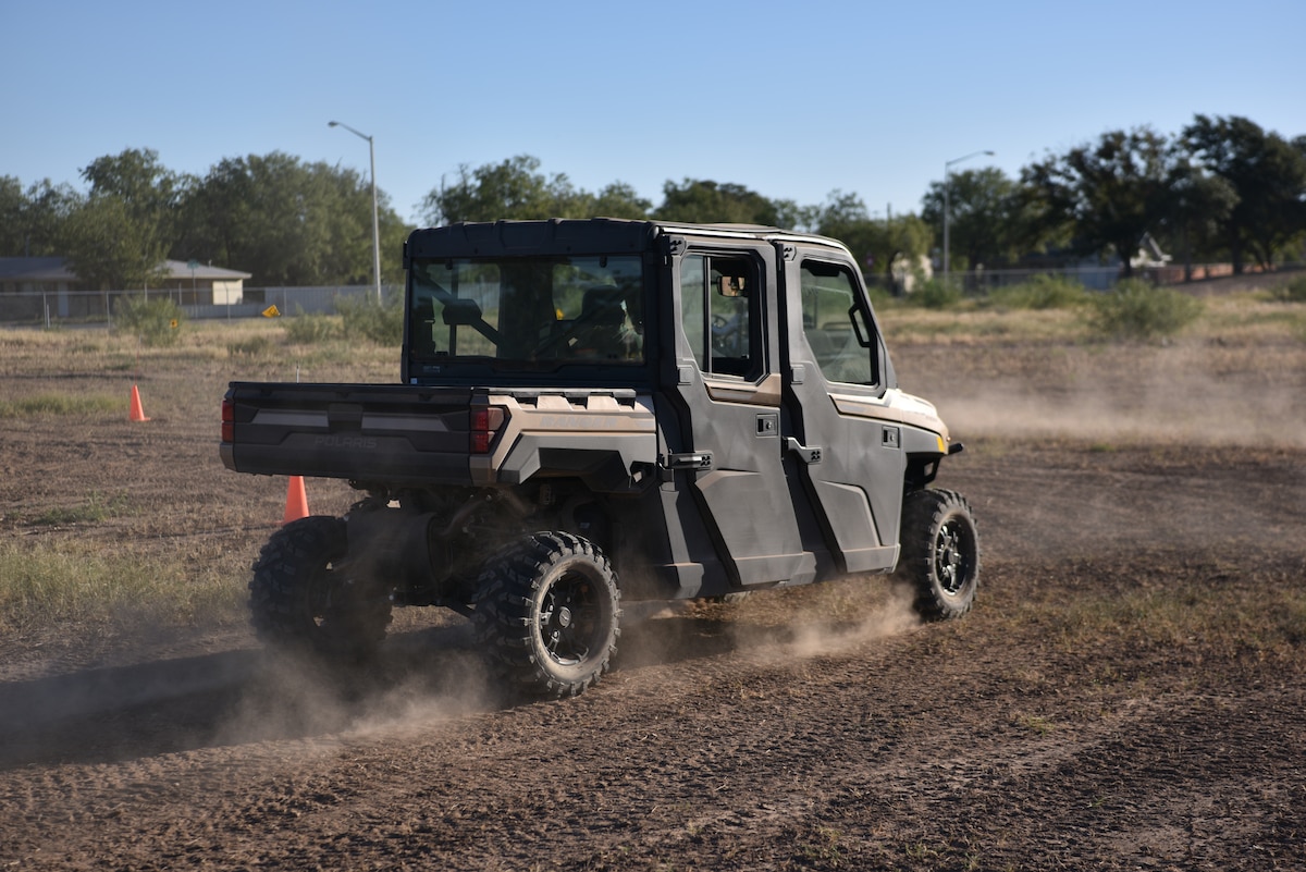 A Polaris Ranger XP 1000, a recreational off-highway vehicle, participates as a training vehicle during the Recreational Off-Highway Vehicle Association course practical exercise, Goodfellow Air Force Base, Texas, Oct. 17, 2023. Goodfellow has worked towards  proactively preparing its personnel for careers involving ROHVs. (U.S. Air Force photo by Airman James Salellas)
